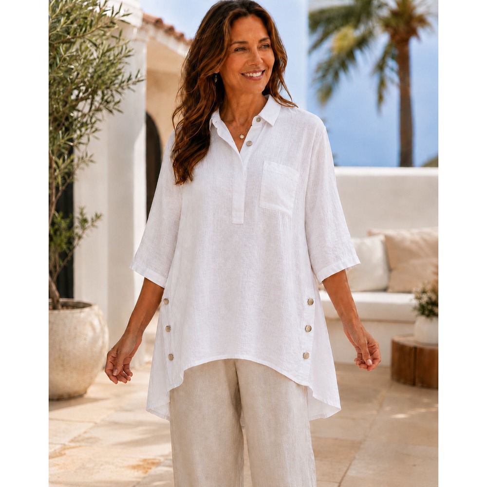 J. Jill Love Linen White Button Side Tunic Top Large Lagonlook Resort Coastal - Picture 1 of 10